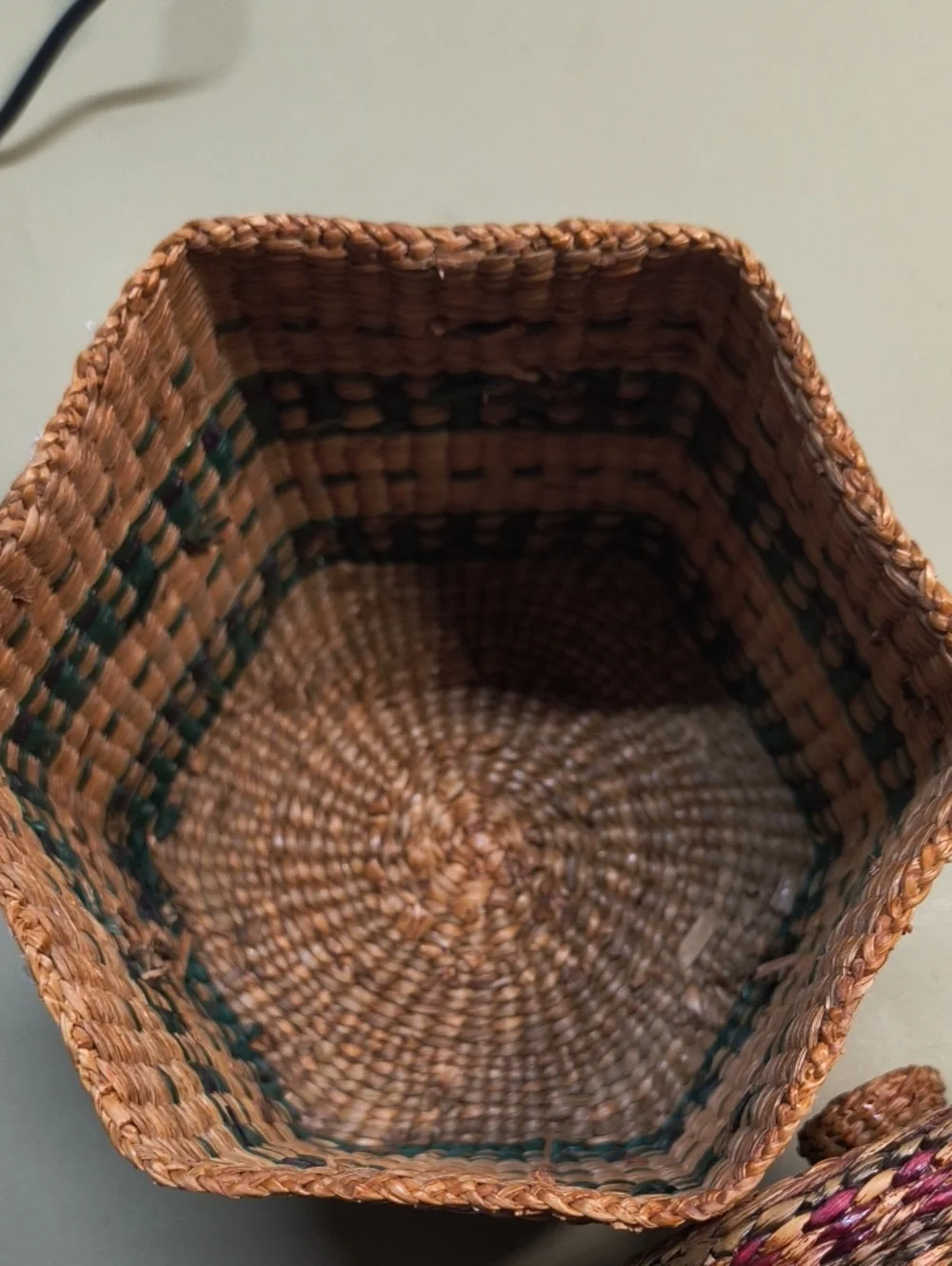 Handwoven Natural Seagrass Lidded Storage Jar - Brown with Red & Green Accents